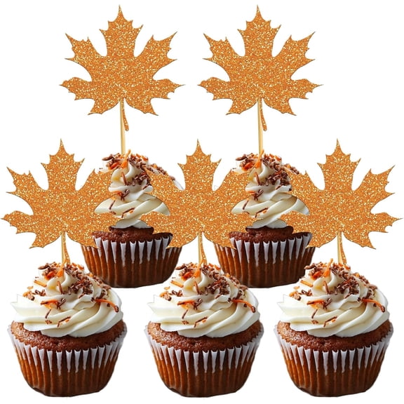 12PCS Orange Glitter Maple Leaf Cupcake Toppers, Fall Harvest Thanksgiving Party Decorations