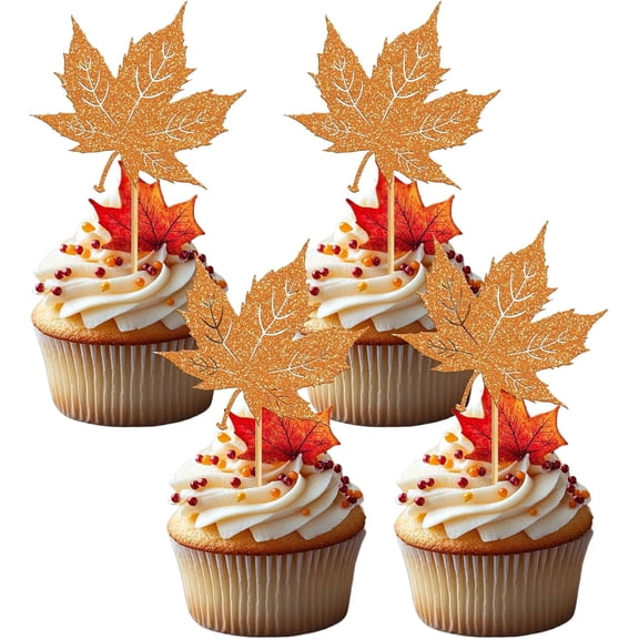12PCS Orange Glitter Maple Leaf Cupcake Toppers, Fall Thanksgiving Harvest Party Decorations