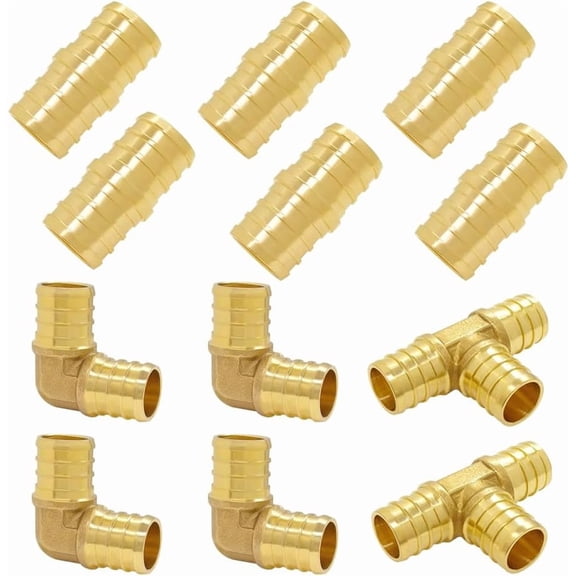 12PCS PEX Fittings Combo 3/4 inch, PEX Coupling (6PCS) 90 Degree Elbow (4PCS) Tee (2PCS) Brass Barb Crimp Fitting