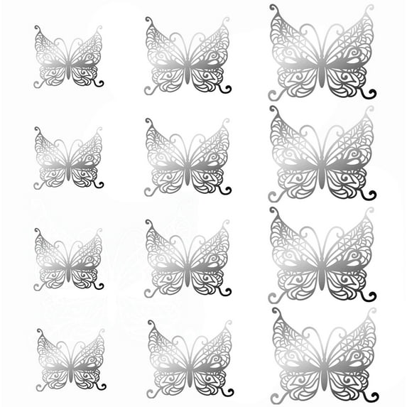 12PCS/Pack Gift Party Supplies Wedding Favor Home Decor 3D Butterfly Stickers Wall Art Hollow Butterflies Decals Gold/Silver/Rosegold SILVER TYPE 2
