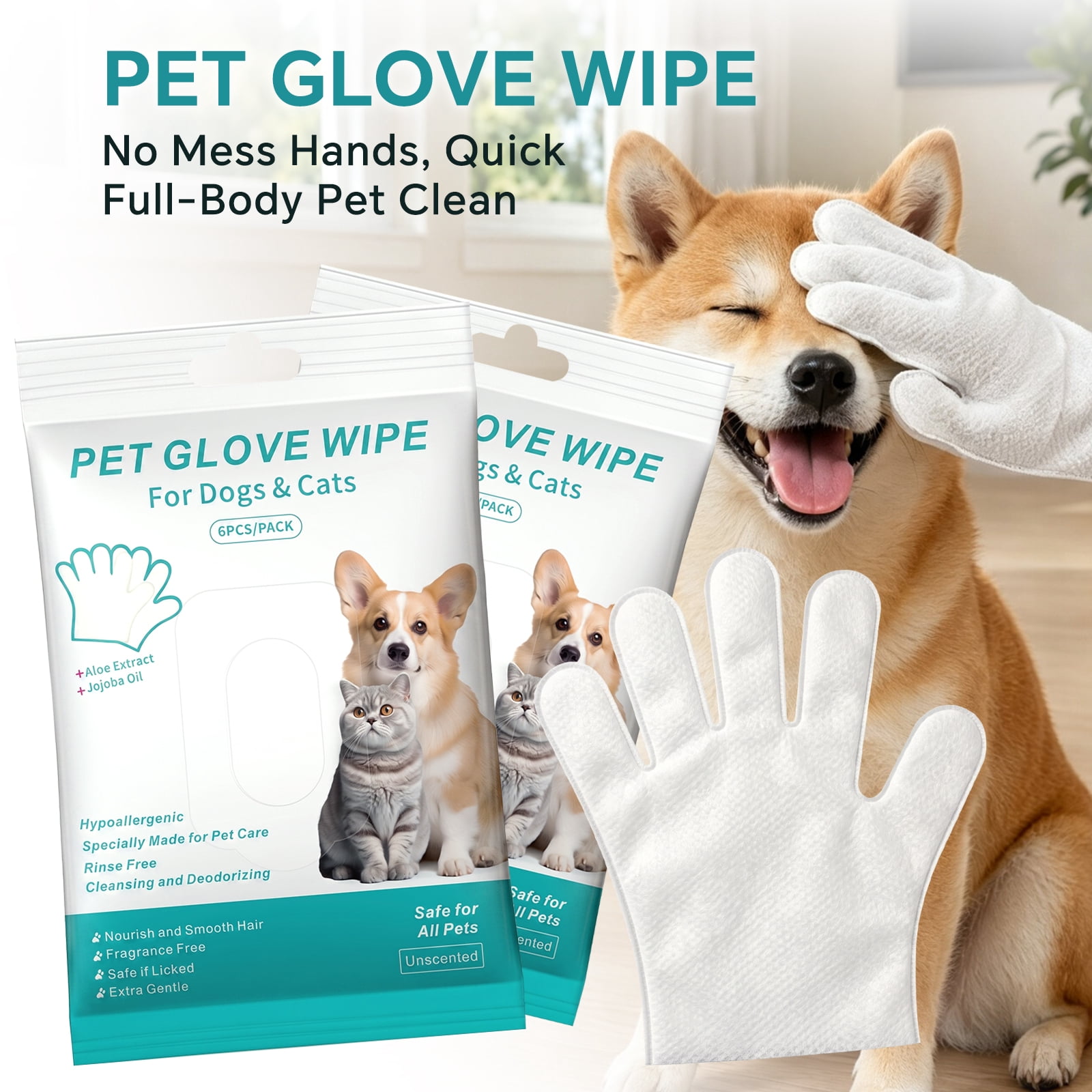 12PCS Pet Glove Wipes for Dogs & Cats, Dog Cat Washing Cleaning Gloves, Dog Grooming Bath Gloves for Daily Care and Traveling, Rinse Free, 2 Bag
