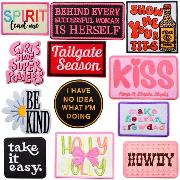 12PCS Phrase Iron on Patches Positive Embroidered Sewing Emblem Inspirational Words Repair Appliques for Clothes Hat Backpacks Jackets Jeans DIY Crafts Decoration
