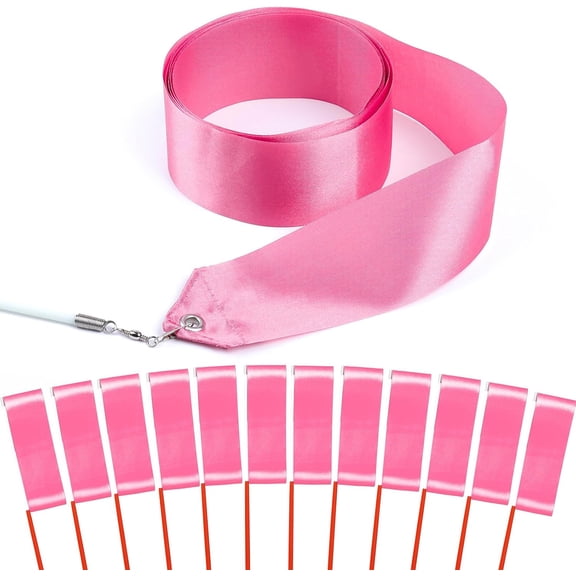 12PCS Pink Dance Wands Ribbons Streamer for Kids Ballet Praise Streamer Circus Carnival Rhythmic Gymnastics Birthday Party, Ribbon Baton Twirling Sticks Silks Streamers Wands