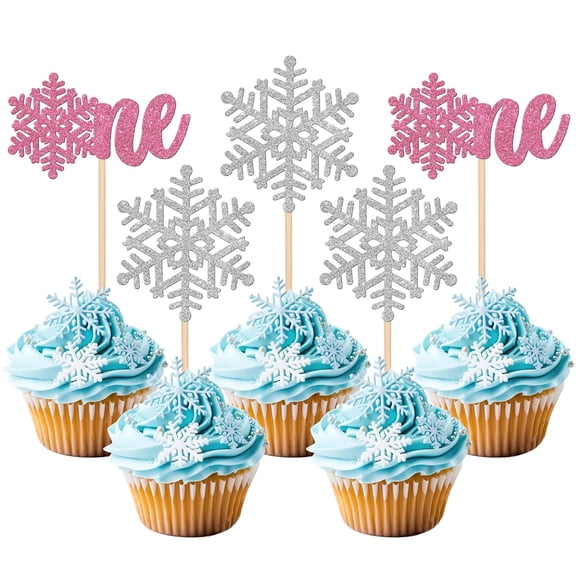 12PCS Pink & Silver Glitter Snowflake "One" Cupcake Toppers, Winter 1st Birthday Party Decorations
