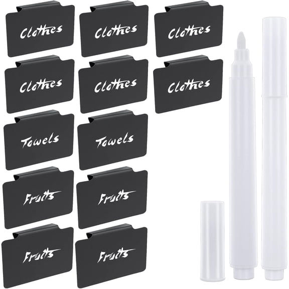 12PCS Plastic Basket Labels for Storage Bins, Removable Basket Label Clip On, Kitchen Pantry Basket Labels Holder with 2PCS White Chalk Markers for Basket Pantry Organization Box