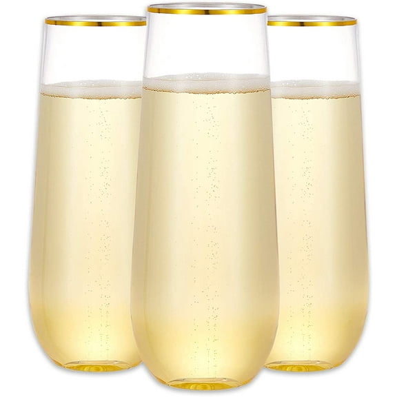 12PCS Plastic Champagne Flutes, 9 oz Stemless Disposable Gold Rim Toasting Glasses, Crystal Clear Cocktail Cups Drinkware Shatterproof Ideal for Party Wedding Birthday