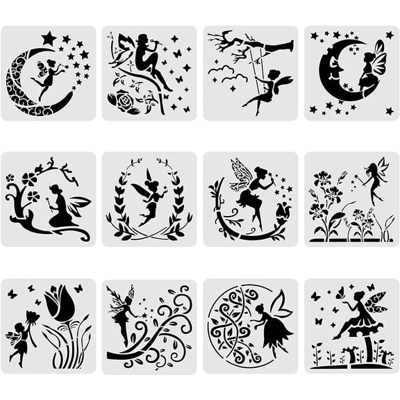12PCS Plastic Drawing Templates Angel & Fairy Moon Flowers Pattern Painting Template Stencil for Scrabooking Card Making