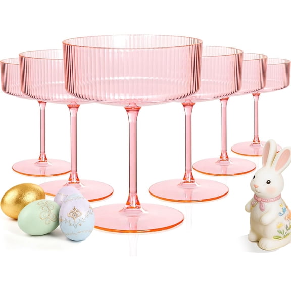 12PCS Plastic Ribbed Martini Glasses - 10 Oz Pink Disposable Coupe Glasses with Stem - Heavy Duty Margarita Cups for Bars, Cocktails, Whiskey, Parties & Wedding & Easter