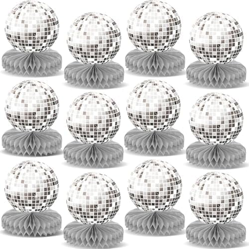 12PCS Prom Silver Disco Theme Party Honeycomb Centerpieces 70s Birthday Decorations Disco Table Toppers Discoball Centerpieces for Table Back To 70s 80s Prom 2025 Party Supplies (Not Ball)