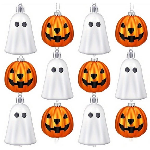12PCS Pumpkin Ghost Ball Ornaments, Halloween Hanging Decorative Spheres for Tree Ceiling Party, Plastic Colorful Suspended Globes