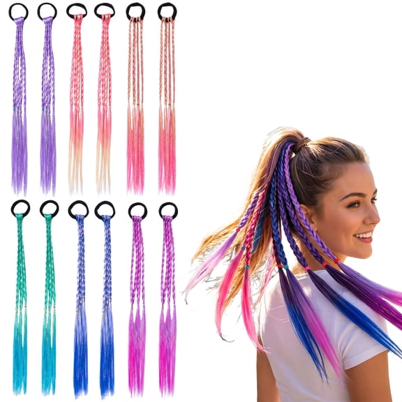 12PCS Rainbow Braid Hair Extensions, Cute Hair Accessories for Girls & Women