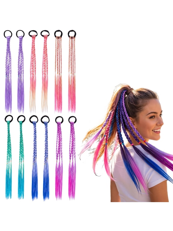 12PCS Rainbow Braid Hair Extensions, Cute Hair Accessories for Girls & Women