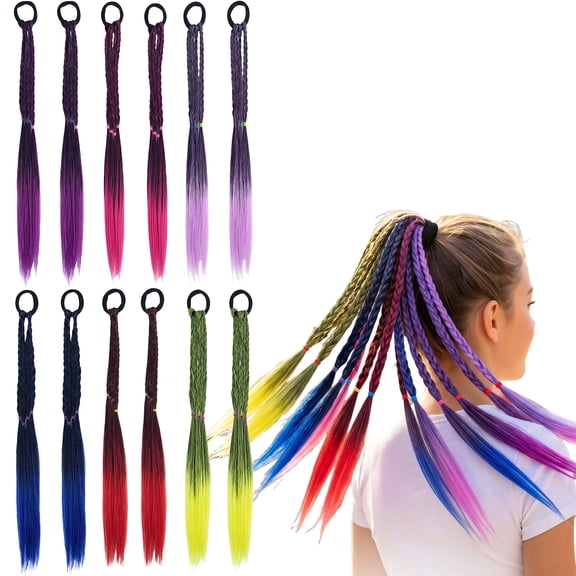 12PCS Rainbow Braid Hair Extensions, Cute Hair Accessories for Girls & Women