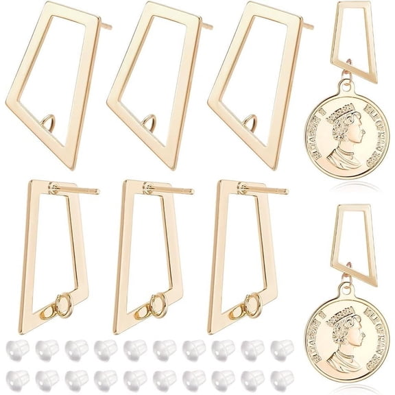 12PCS Real 18k Gold Plated Brass Studs Trapezoidal Openwork Studs with Vertical Loop with 30PCS Plastic Studs for Handmade Earrings Jewelry Making Pin: 0.8mm Gold