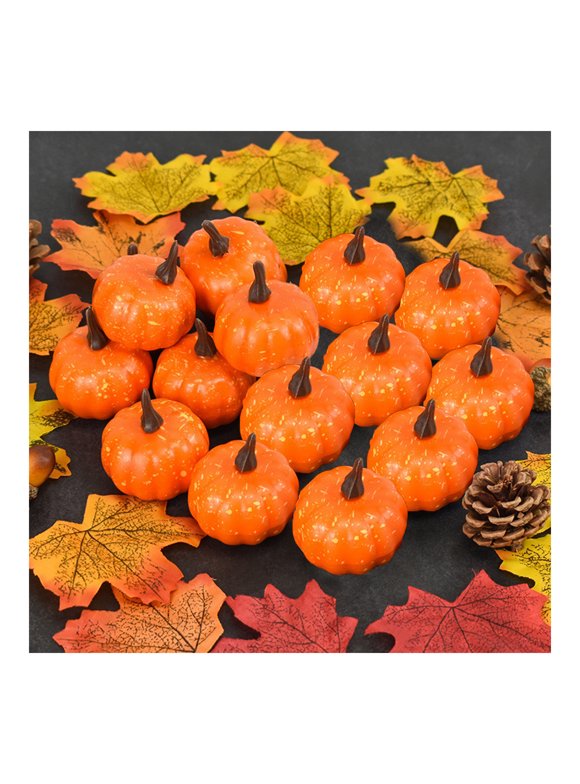 12PCS Realistic Mini Pumpkin Decor,Fall Decor with Pumpkins Maple Leaves, Artificial Pumpkin Decor for Halloween Thanksgiving Fall Home Decor