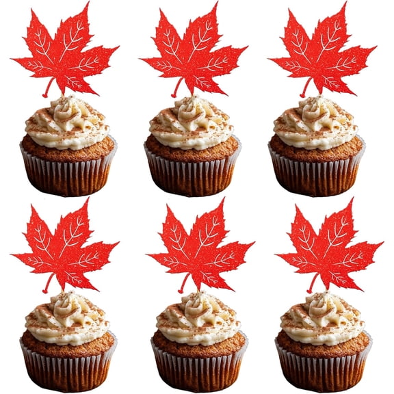 12PCS Red Glitter Maple Leaf Cupcake Toppers, Autumn Fall Thanksgiving Party Supplies