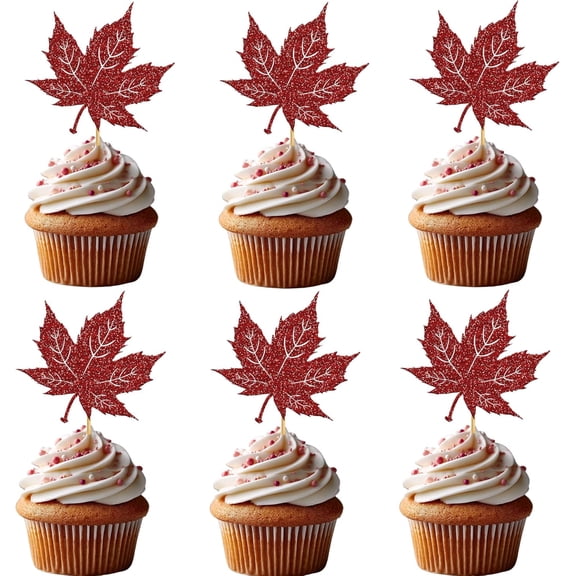 12PCS Red Glitter Maple Leaf Cupcake Toppers, Autumn Thanksgiving Party Decorations, Fall Cupcake Picks