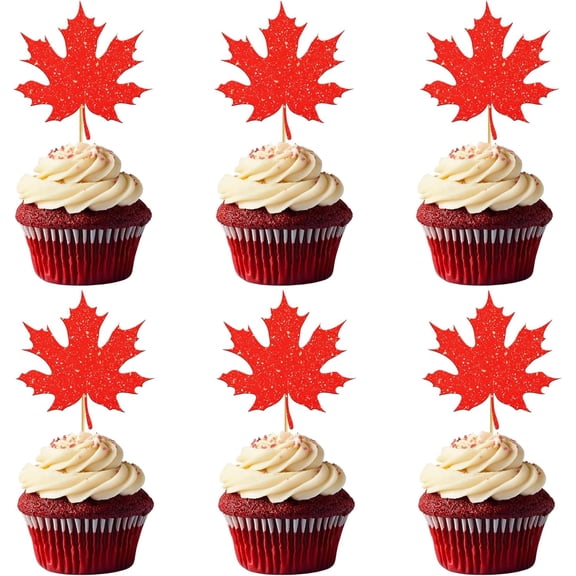 12PCS Red Glitter Maple Leaf Cupcake Toppers, Fall Thanksgiving Party Picks, Harvest Decorations