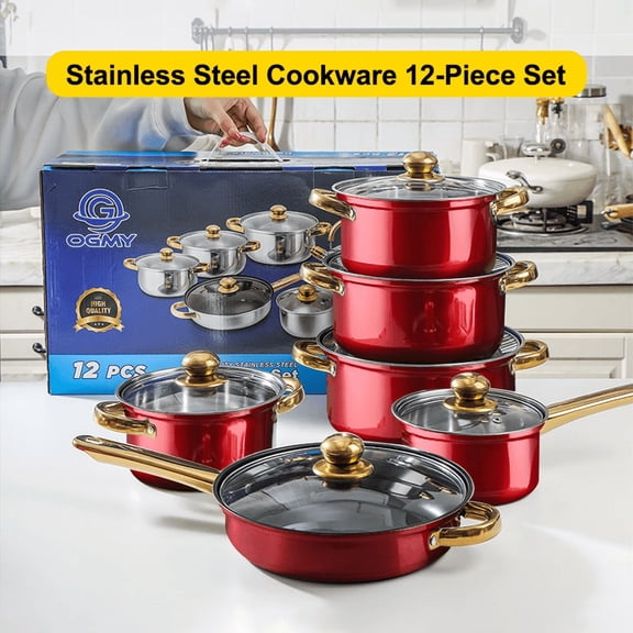 12PCS Red Stainless Steel Cookware Set, Nonstick Pots and Pans Set with Multiple Cooking Pots, Kitchen Cookware Set for Frying, Boiling and Everyday Meal Preparation