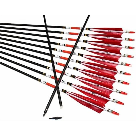 12PCS Red Turkey Feather 31 inches Carbon Arrows Replacement Tips Targeting Arrows Archery for Recurve Longbow Hunting&Practice