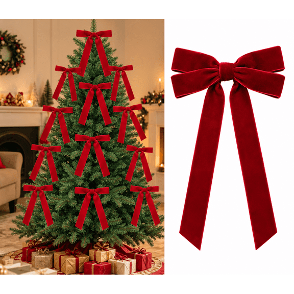 12PCS Red Velvet Christmas Tree Bows, 5 x 7 Inch Pre-Tied Velvet Bows with Gold Twist Ties for Wreath, Garland & Gift Wrapping