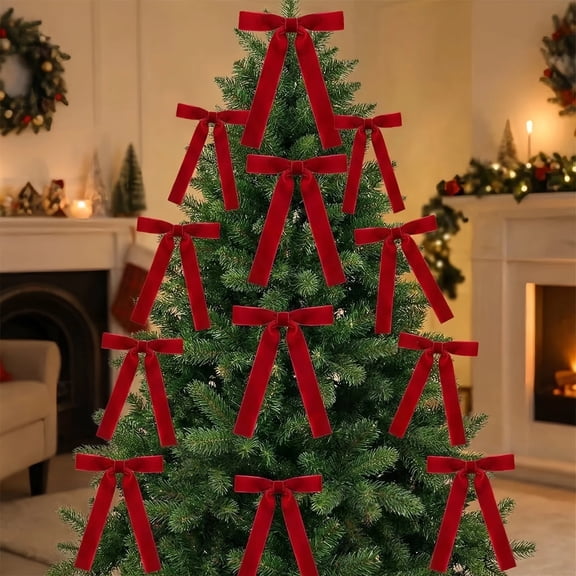 12PCS Red Velvet Christmas Bows, 5 x 7 Inch Pre-Tied Bows with Gold Twist Ties for Christmas Tree, Wreath, Garland & Gift Wrapping