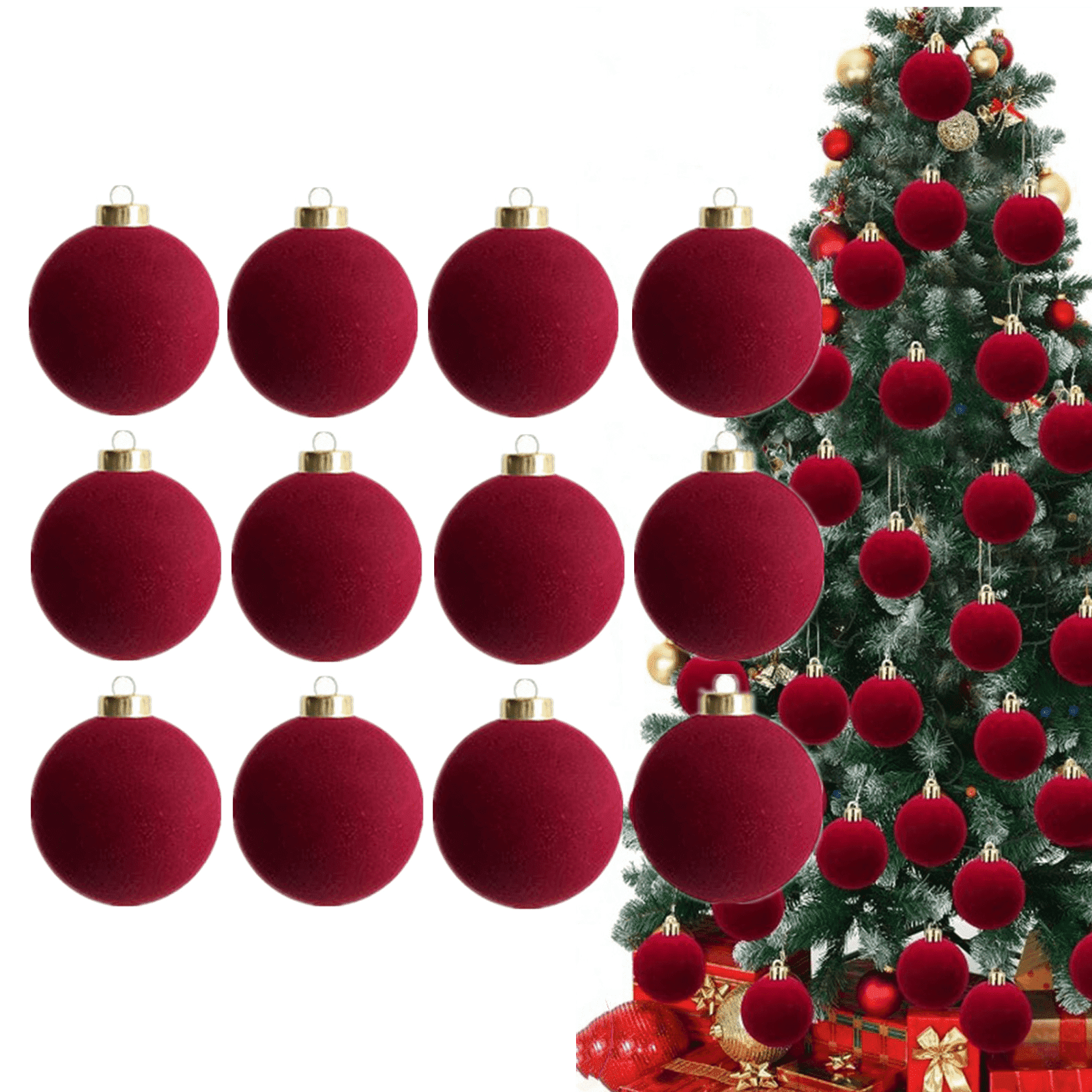 12PCS Red Velvet Christmas Ornaments Balls 2.36" Vintage Christmas Tree Decorations Shatterproof Flocked Ball Velvet Xmas Tree Hanging Baubles for Wedding Holiday Party Home Decor
