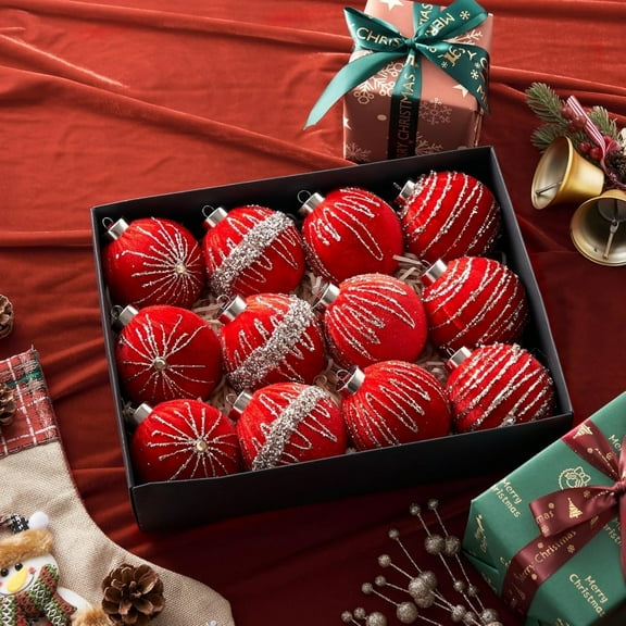 12PCS Red Velvet Christmas Ornaments Balls 3.15" Vintage Christmas Tree Decorations Shatterproof Flocked Ball Velvet Xmas Tree Hanging Baubles for Xmas Trees Wedding Holiday Party Home Decor