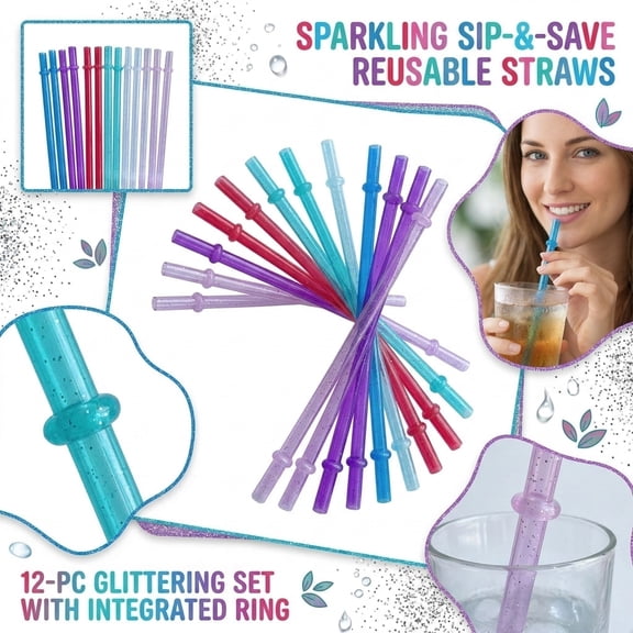 12PCS Reusable Plastic Straws with Rings, Eco-Friendly Drinking Straws for Tumblers, Cups, Party Supplies, BPA-Free, Dishwasher Safe
