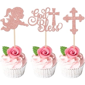 12PCS Rose Gold Glitter God Bless Cupcake Toppers, Angel Cross Picks for Baptism First Communion Baby Shower Decor