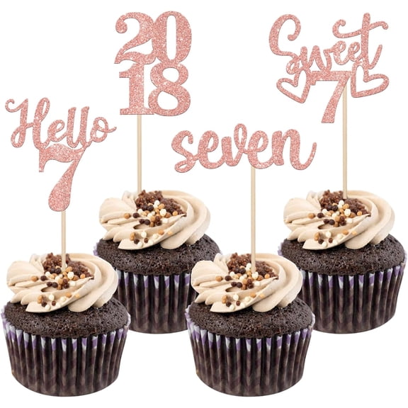12PCS Rose Gold Glitter "Hello 7" Cupcake Toppers, 7th Birthday Party Picks