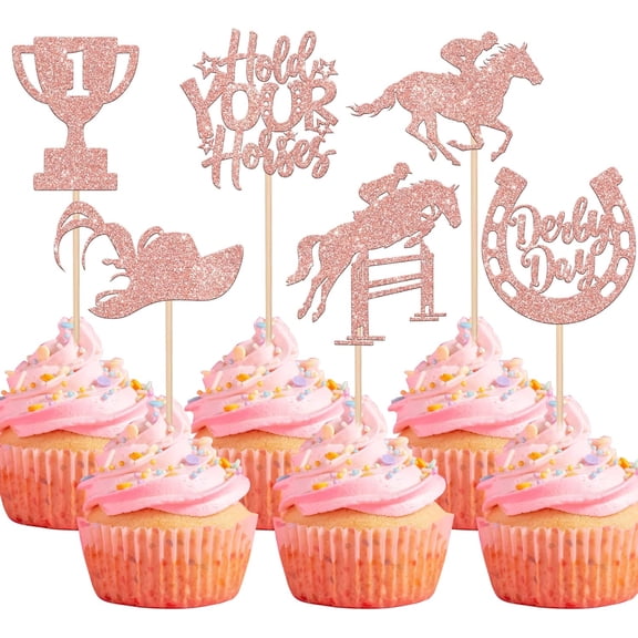 12PCS Rose Gold Kentucky Derby Cupcake Toppers, Glitter Pink Horse Racing Themed Cupcake Picks, Derby Party Supplies