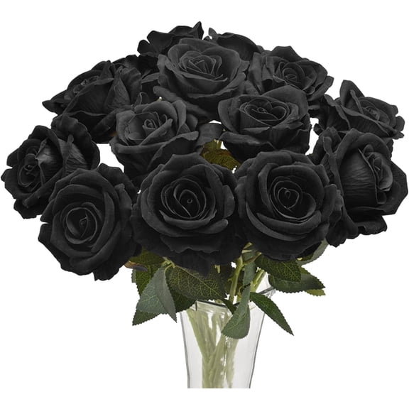 12PCS Roses Artificial Flowers Black Fake Silk Flower Bouquet 19.68" Long Stem Artificial Black Rose for Halloween Wedding Party Bridal Home Decor Table Arrangement Decoration, Black