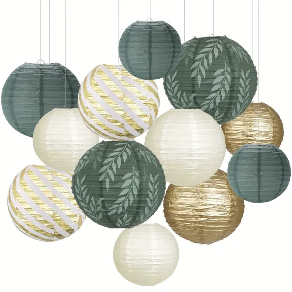 12PCS Sage Green Paper Lanterns for Wedding/Birthday Party Decor, Backdrop Wall Decoration, Cafe Restaurant, Rustic Style Celebration