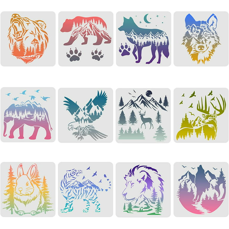 12PCS/Set Bear Deer Eagle Rabbit Wolf Stencils 11.8x11.8 Inch