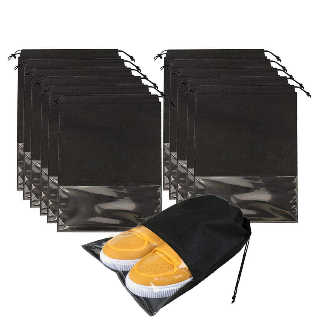 12PCS Shoe Bags for Travel - Large Dustproof Drawstring Shoes Pouch Packing Organizers for Men & Women, Black（storage bag only）
