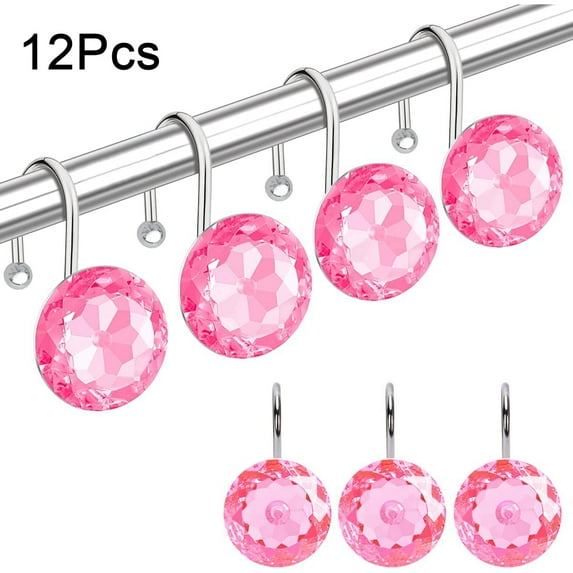 12PCS Shower Curtain Hooks Decorative Hand Carved Shower Curtain Hooks Rings for Bathroom Decorative Rhinestones Shower Curtain Rings Hangers for Shower Curtains, Clothing, Towels, etc. Pink
