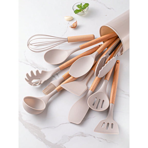 12PCS Silicone Cutlery Kitchen Tool Set, Wooden Handle Non-Stick Safe Silicone Cookware Utensils, Complete Kitchen Gadgets with Storage Bucket for Indoor Cooking Baking