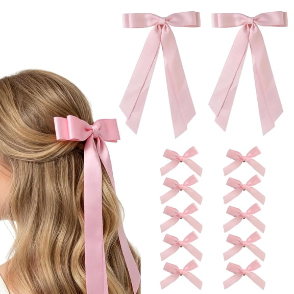 12PCS Silky Satin Hair Bow Clips, Hair Bows for Women with Alligator Clips, Long Tail Ribbon Bow Hair Clips for Women Girls, Hair Accessories for Christmas Gifts (10 2 Pink)