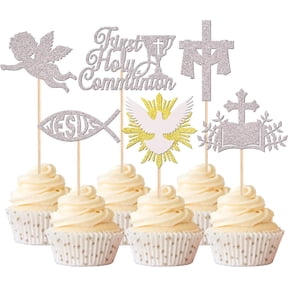 12PCS Silver & Gold Glitter First Holy Communion Cupcake Toppers, Cross & Angel Picks for Religious Party Decorations