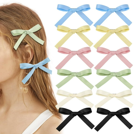 12PCS Small Bow Hair Clips Tassel Ribbon Bowknot With Short Tail,Ribbon Hair Bows Barrettes for Thick Thin Hair,Nonslip Hair Accessories Christmas Birthday Gifts