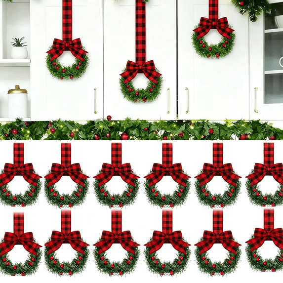 12PCS Small Christmas Kitchen Cabinet Wreaths with Ribbon,5.91 Inch Mini Wreath with Linen Ribbon Bow Berry, Small Christmas Wreath Kitchen Window Door Fireplace Decor, Xmas Holiday Hanging Ornament