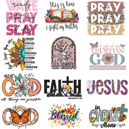 12PCS Small Size Jesus God Iron On Decals Thermal Transfer Stickers for Clothing Heat Press Decoration Appliqued Sublimation Patches Iron On Transfer Designs Heat Press Vinyl for Shirts(Letter)