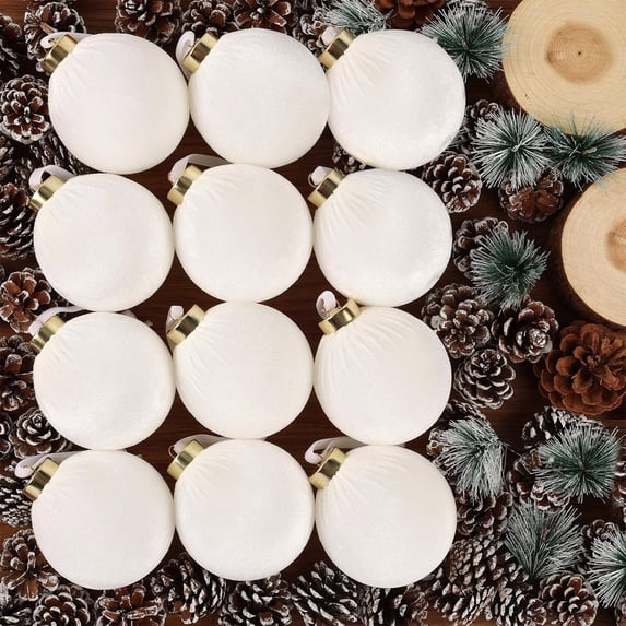 12PCS Solid Color Velvet Christmas Ball Ornaments,2.36 In Shatterproof Flocked Xmas Tree Hanging Decor,Elegant Matte Velvet Balls for Holiday Party,Home & Mantel Decor,White
