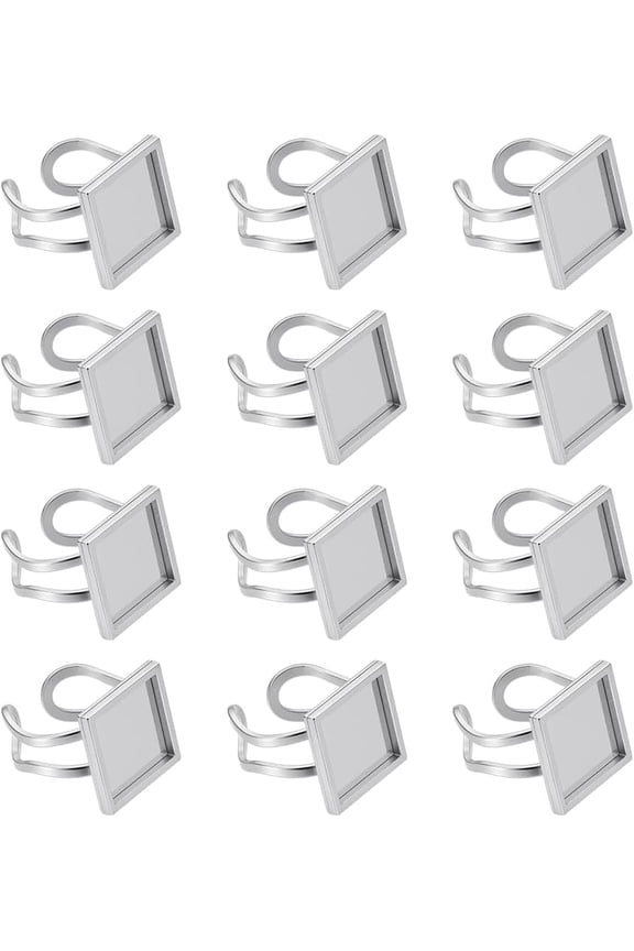 12PCS Square Cabochons Ring Blank Bezel Trays Stainless Steel Adjustable Ring Base for Jewelry Making Women Finger DIY Jewelry Tray: 0.55x0.55Inch