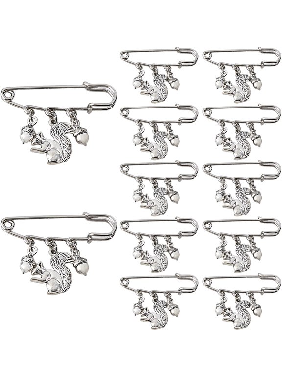12PCS Squirrel Brooch Pins Cute Animals Brooches Metal Lapel Pin Sweater Shawl Clips Silver Safety Pins with Squirrel and Pine Cones Pendant