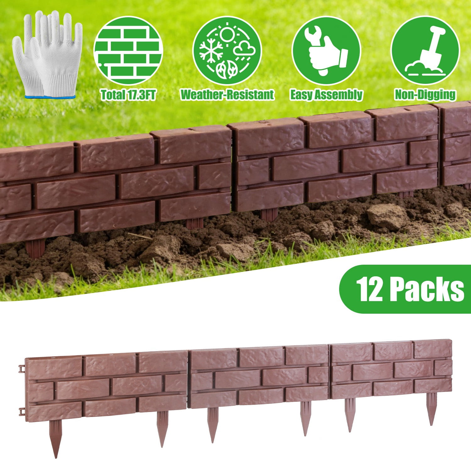 12PCS Stone Effect Garden Edging Flexible Landscape Border Fence PP Weather Resistant Decorative Lawn Pathway Flower Bed Edging with Gloves