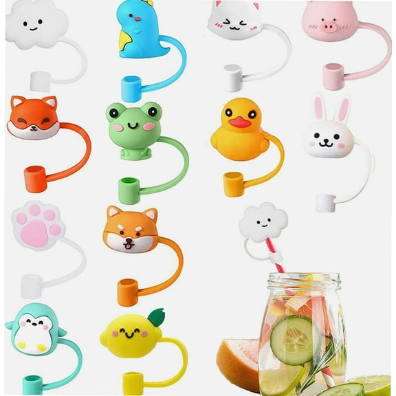 12PCS Straw Covers, Cute Silicone Cloud Straw Covers Cap, Animals Frog Dinosaur Reusable Straw Toppers Dust-Proof Drinking Straw Tips Covers Straw Plugs for 6-7 mm Straw Protectors Decoration