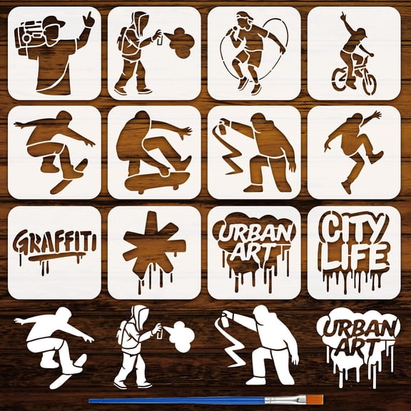 12PCS Street Graffiti Painting Stencil with Paint Brush 5.9x5.9inch People Silhouette Template Bike Loudspeaker Skateboard Words Stencil Graffiti