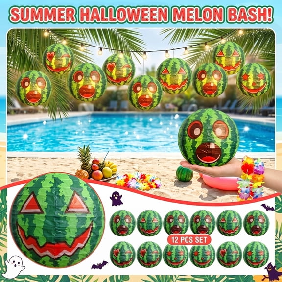 12PCS Summer Halloween Paper Lanterns Decorations, Watermelon Beach Pool Lanterns, 8 Inch Jack O Melon Face Watermelon Ceiling Decor for Summer Halloween Party Trick or Treat Event